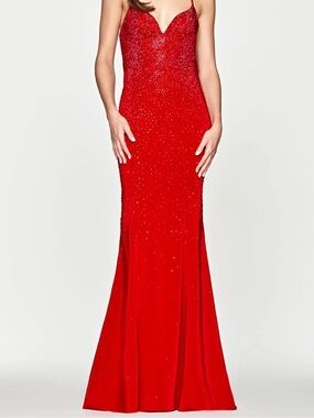 Faviana Red Beaded Spaghetti-Strap Evening Gown